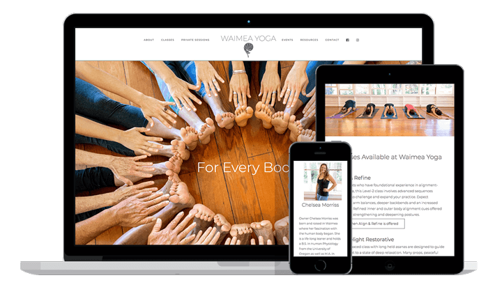 Waimea Yoga website displayed on 3 electronic devices