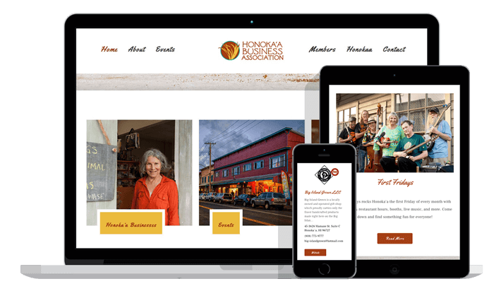 Honokaa Business Association Website on three different mobile devices